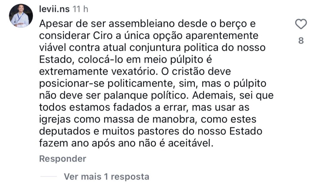 Evangélicos reagem com críticas após Ciro Gomes subir em púlpito de igreja 3 IMG 1361